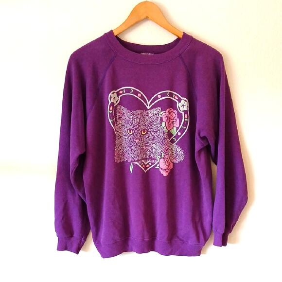 Vintage Kitty With Heart And Roses Purple 90s Sweatshirt Hanes Tag - Picture 1 of 4